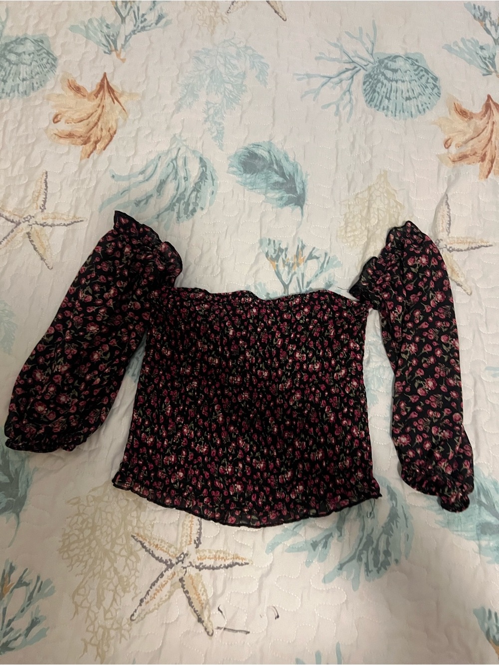 wild fable Black Off-Shoulder Smocked Top with Pink Floral Print